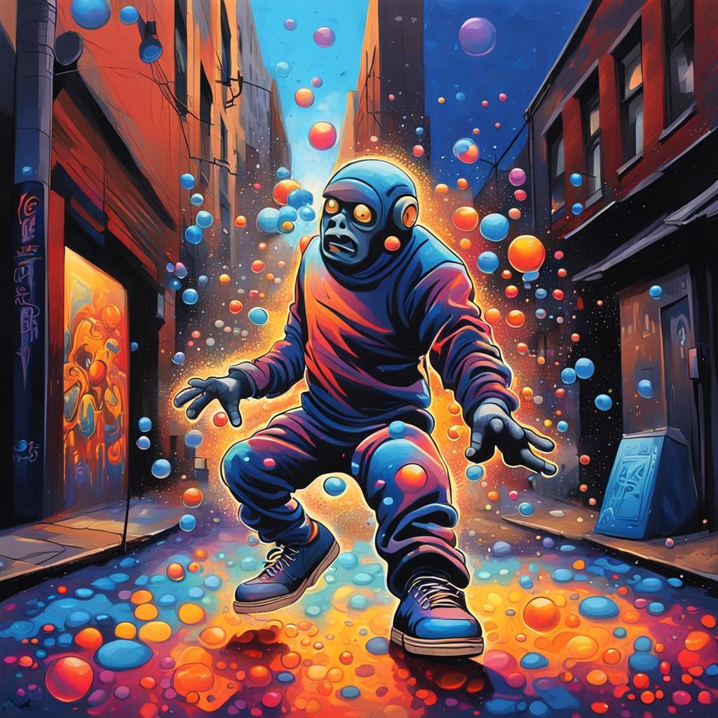 Breakdancing Golem in City Alleyway Street Art