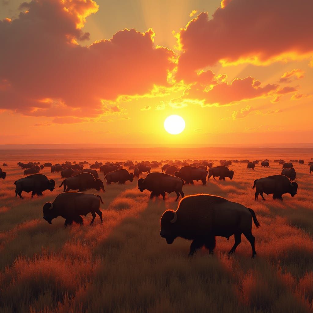 Buffalo Herd Grazing at Sunset: A Digital Matte Painting