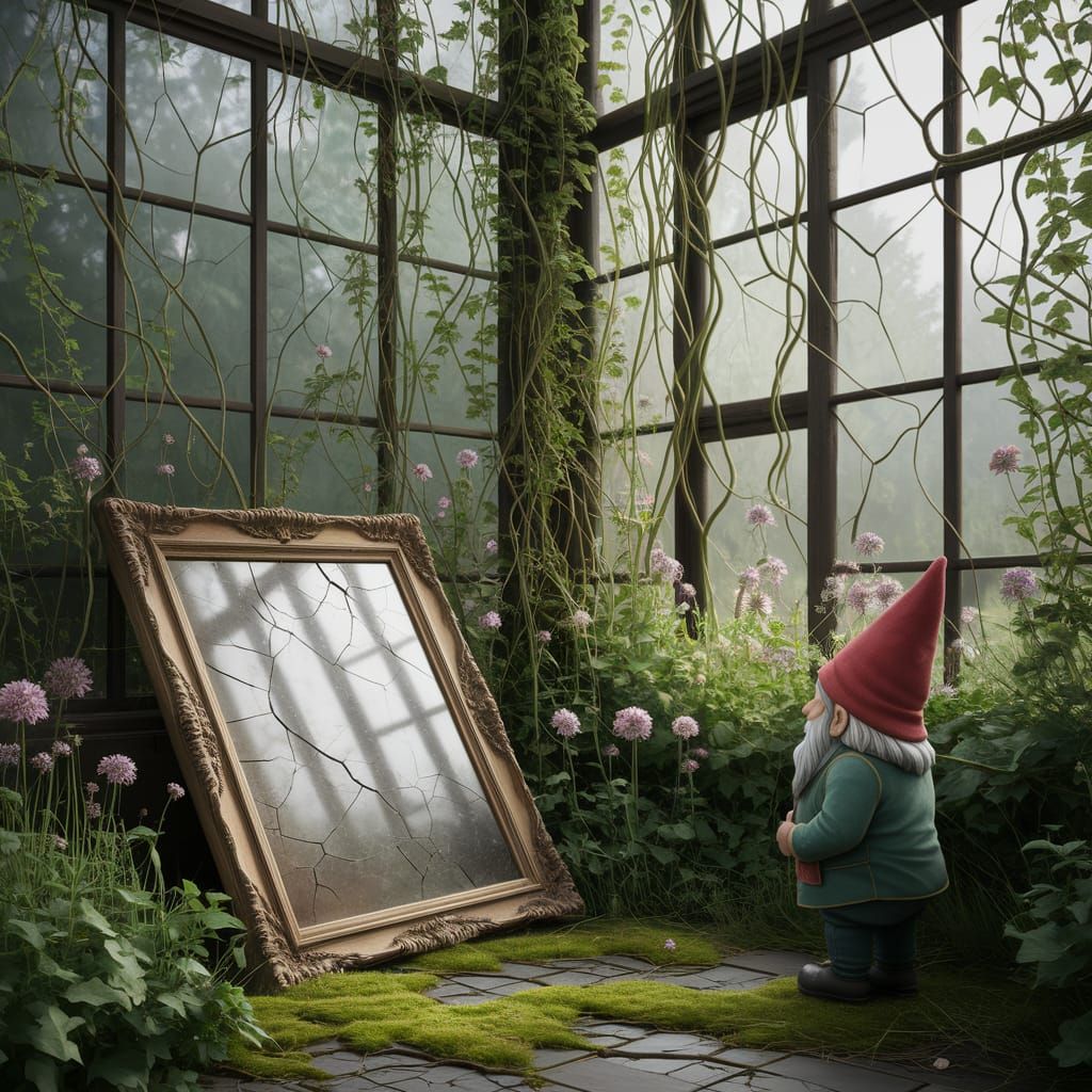 Greenhouse Gnome Watches Weathered Mirror