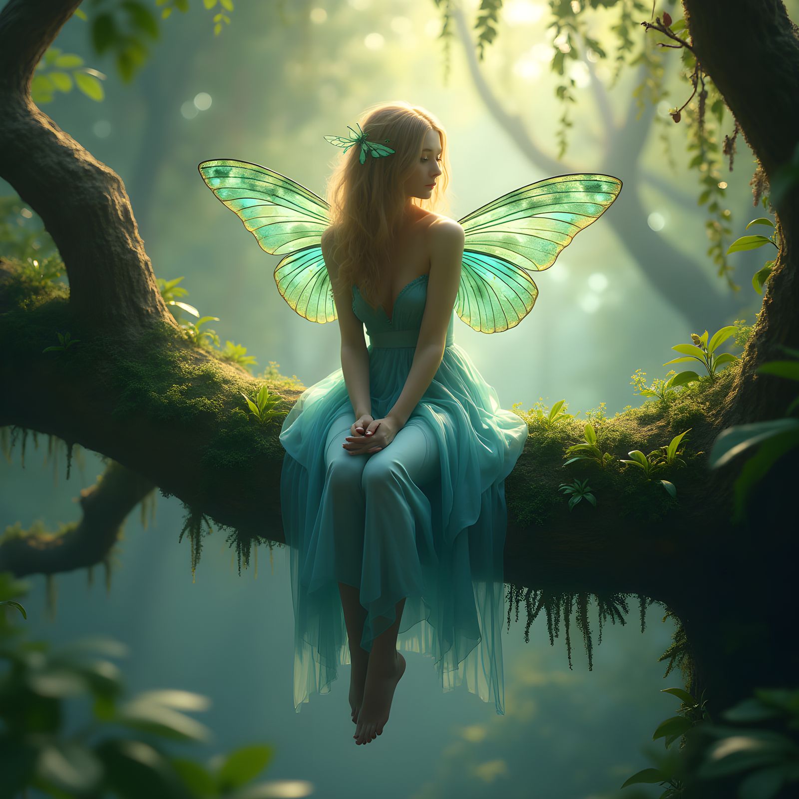 Elegant Fairy on Branch: Fantasy Concept Art