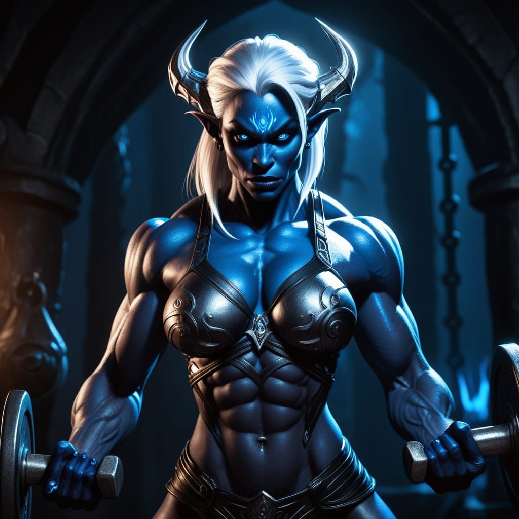 Muscular Drow Warrior in Smoky Dungeon Gym