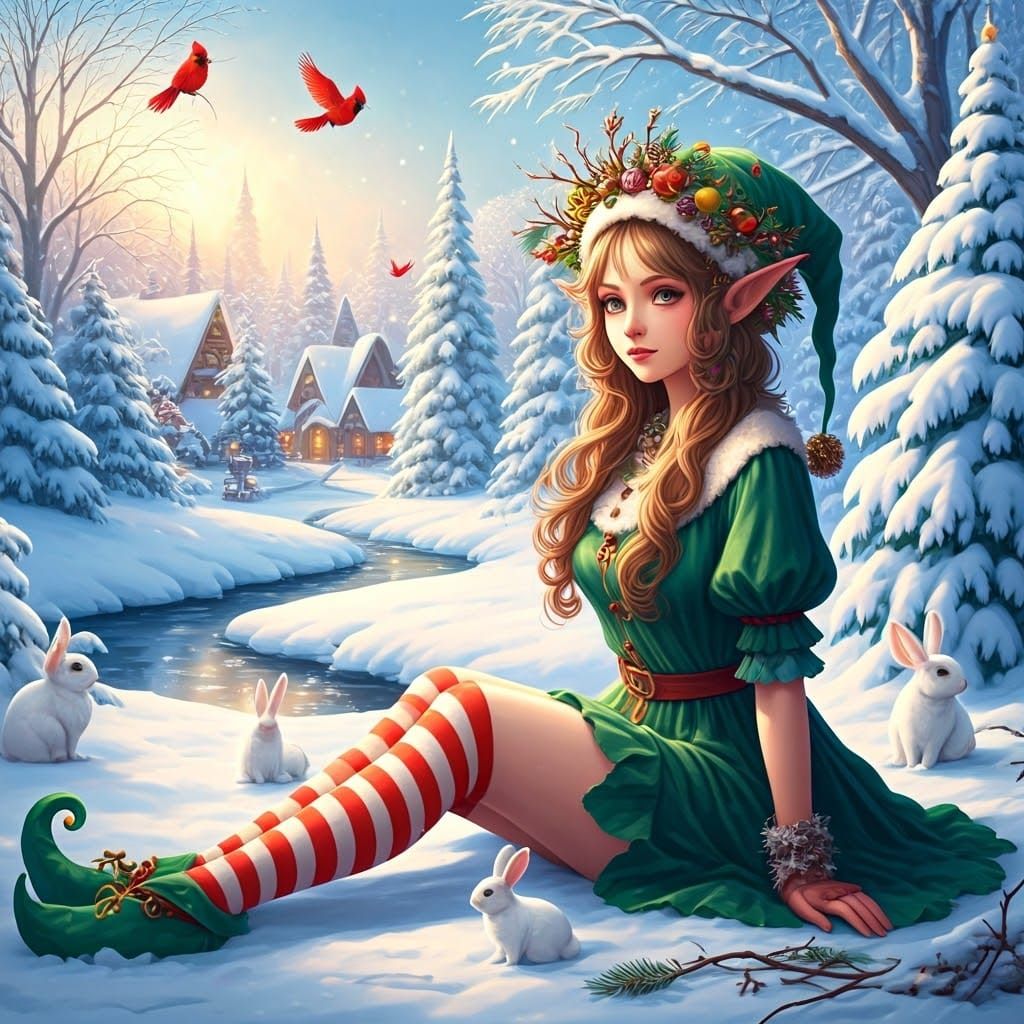 Serene Winter Elf Maiden in Emerald Green and Crimson Attire