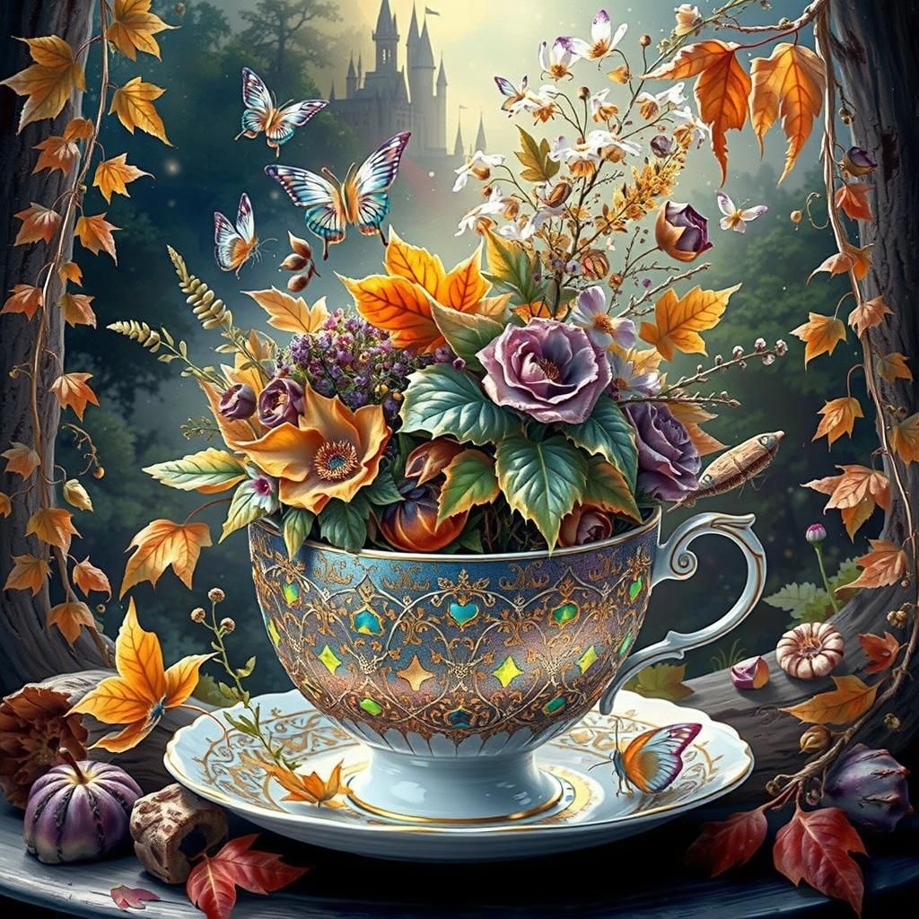 Autumn Teacup with Butterflies and Castle