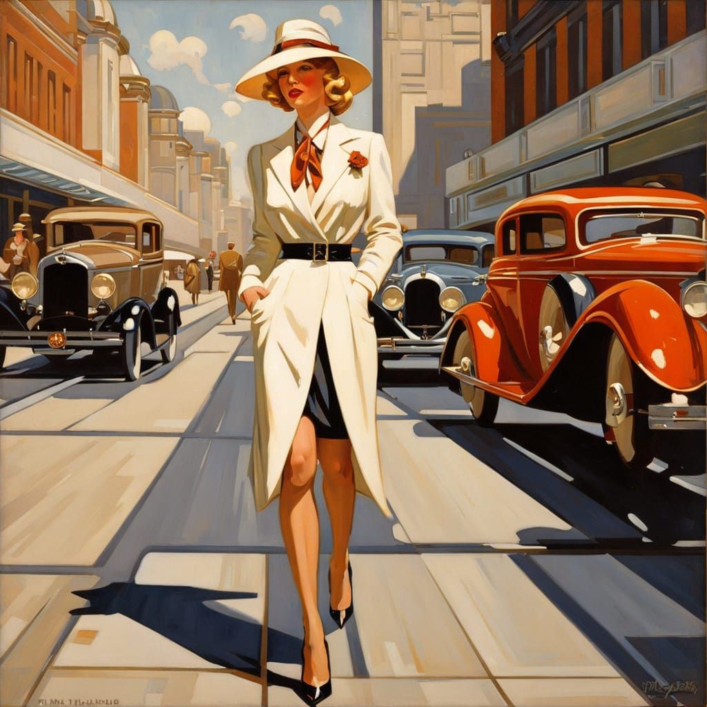 A Confident Art Deco Lady Strolls Through the City