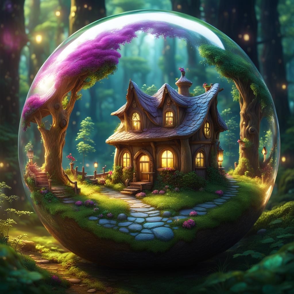 Fairy Land Inside Glass Ball in Forest, Fantasy Art