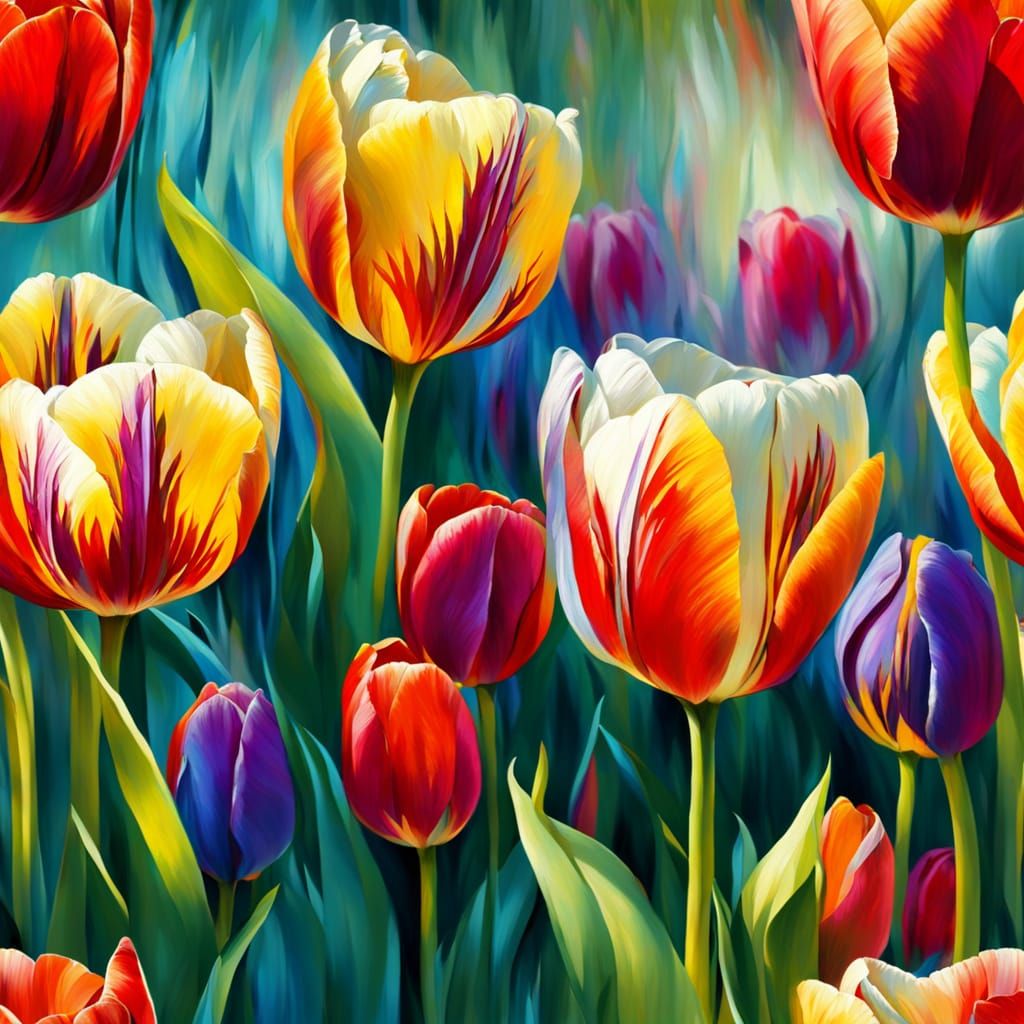 Abstract Spring Tulips in Silk Thread Stitching