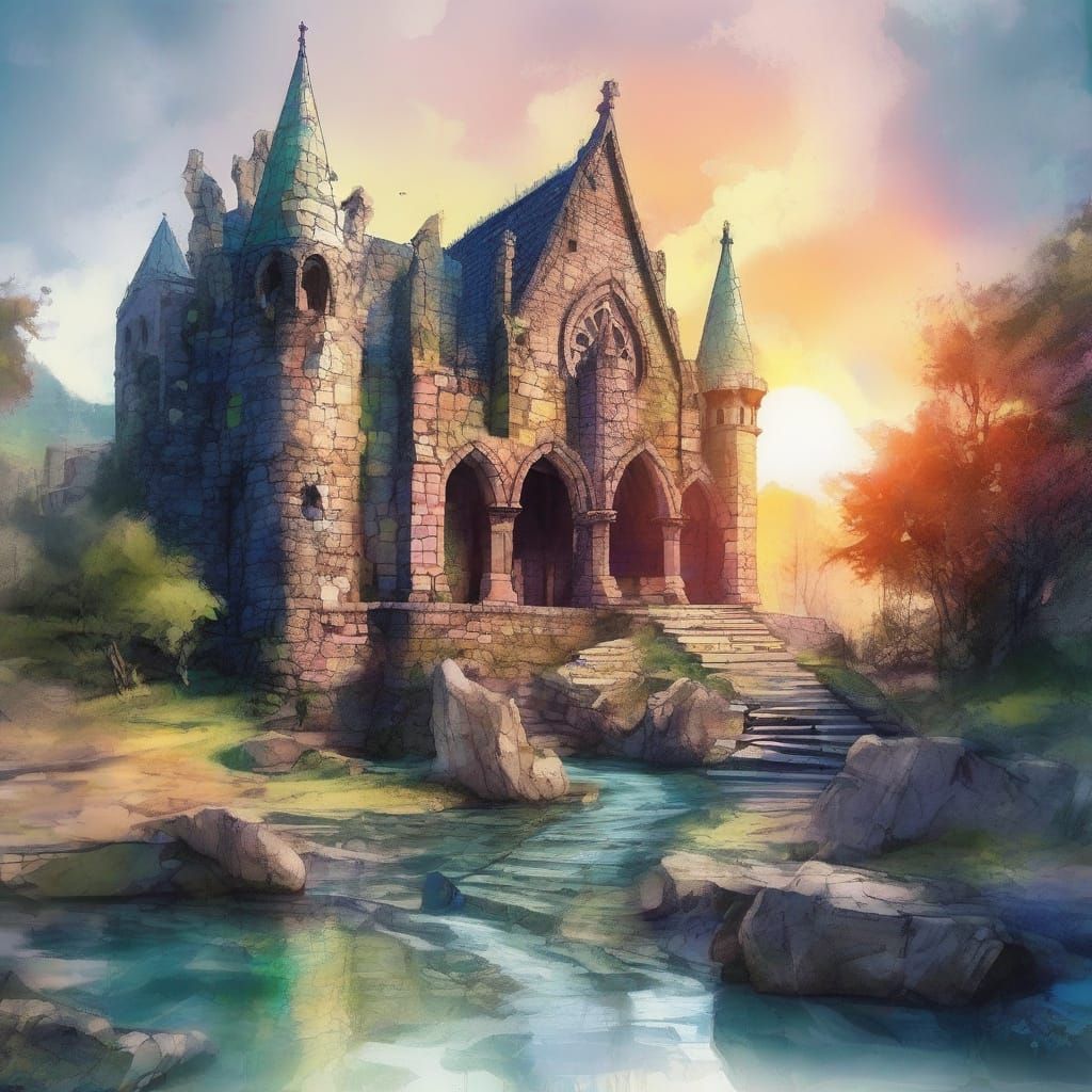 Medieval English Gothic Abode Amidst Ruins at Sunset