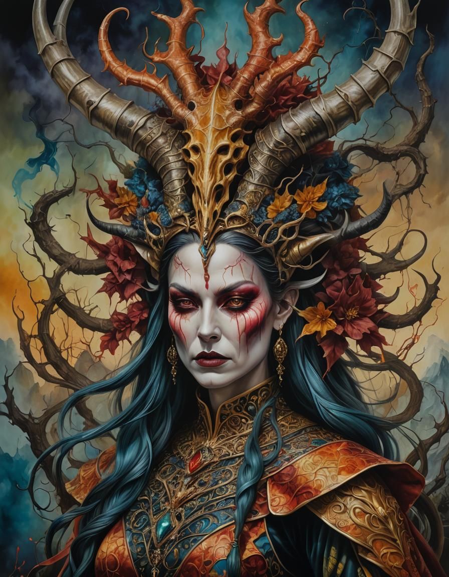 Demonic Queen with Horns: Hyperrealistic Surrealist Portrait