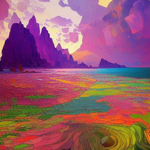 Detailed Island Oil Painting: Futuristic Cosmic Landscape