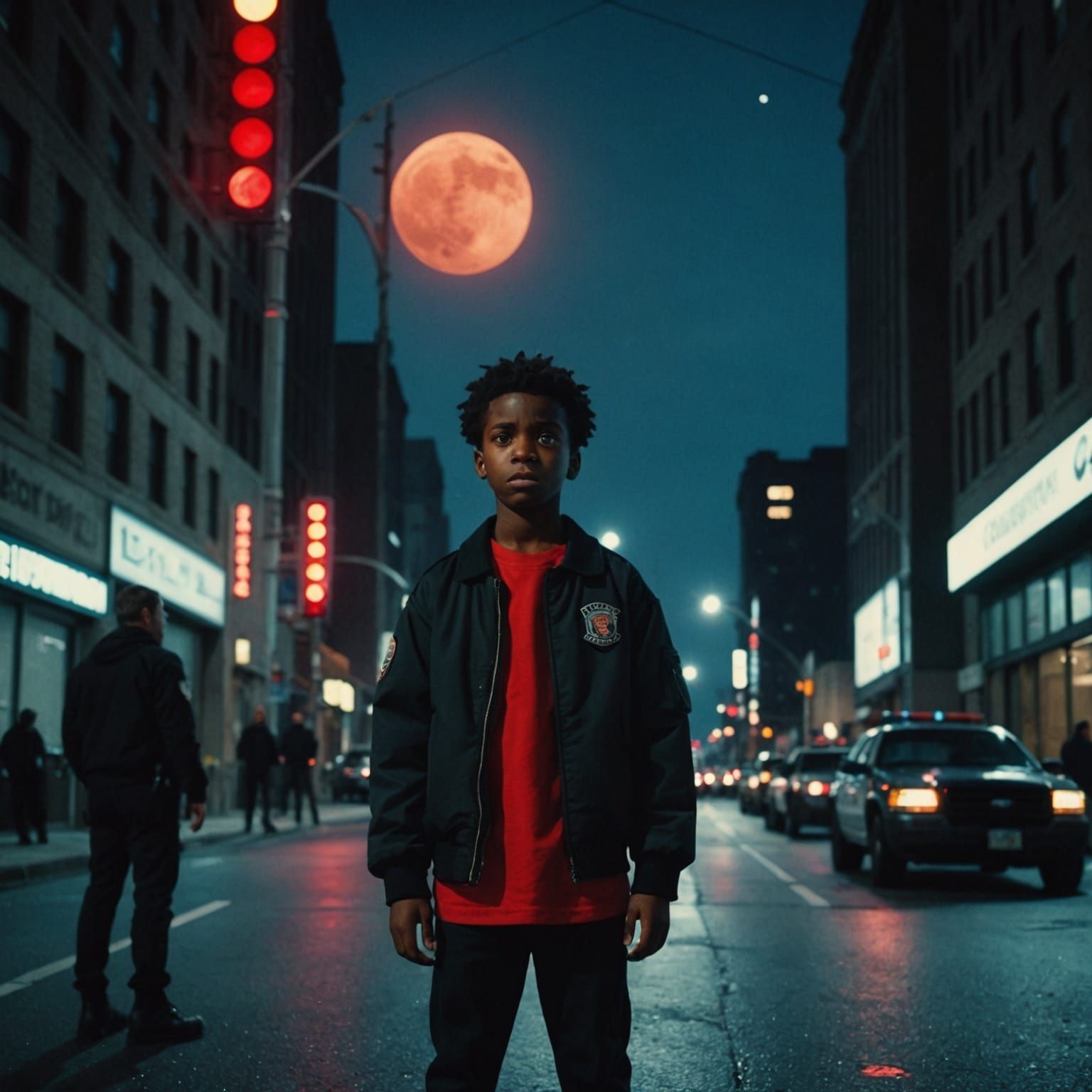 Dramatic Image of Boy Amidst Arrests in Cityscape
