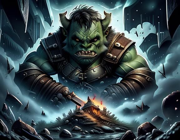 Orc Chieftain in Battlefield: Hyperrealistic Fantasy Art