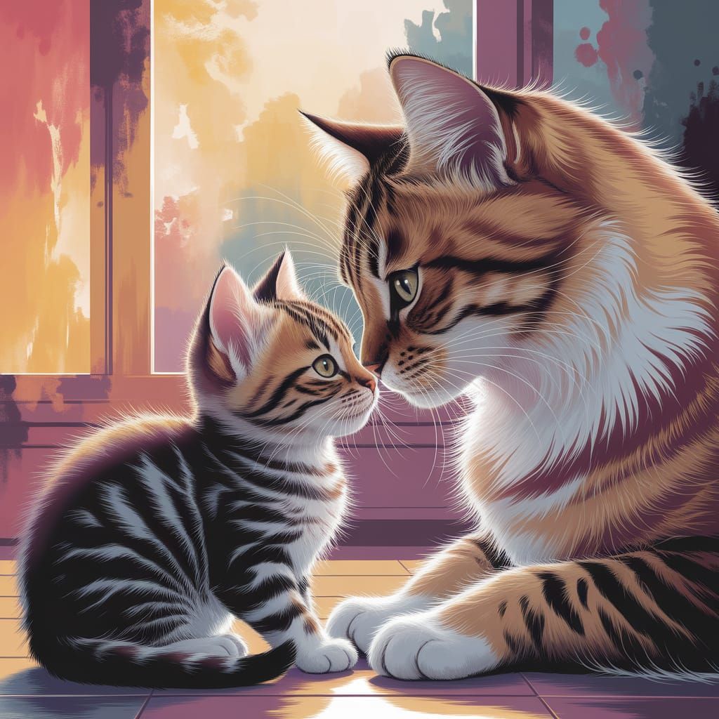 Mother Cat and Kitten in Dreamlike Warmth, Watercolor-Inspir...