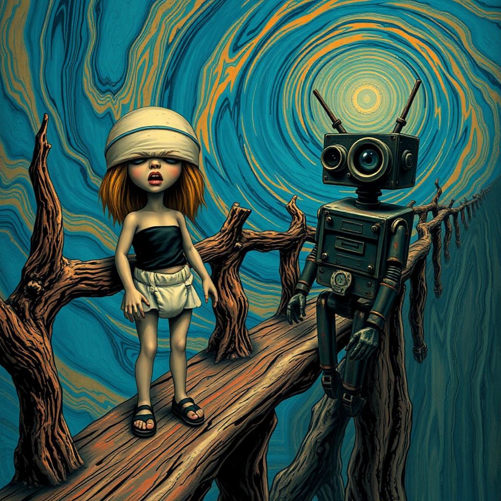 Goth Dolly Robot on Bridge: Expressionist-style Image