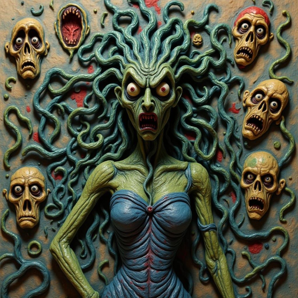 Claymation Medusa with Snakes and Fearful Faces
