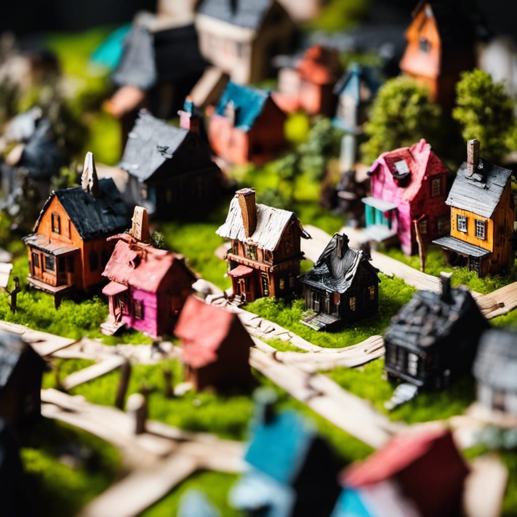 Miniature Haunted Houses Diorama, Oil Painting