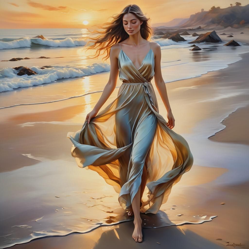 Serene Woman on Beach at Sunset: Romantic Oil Painting