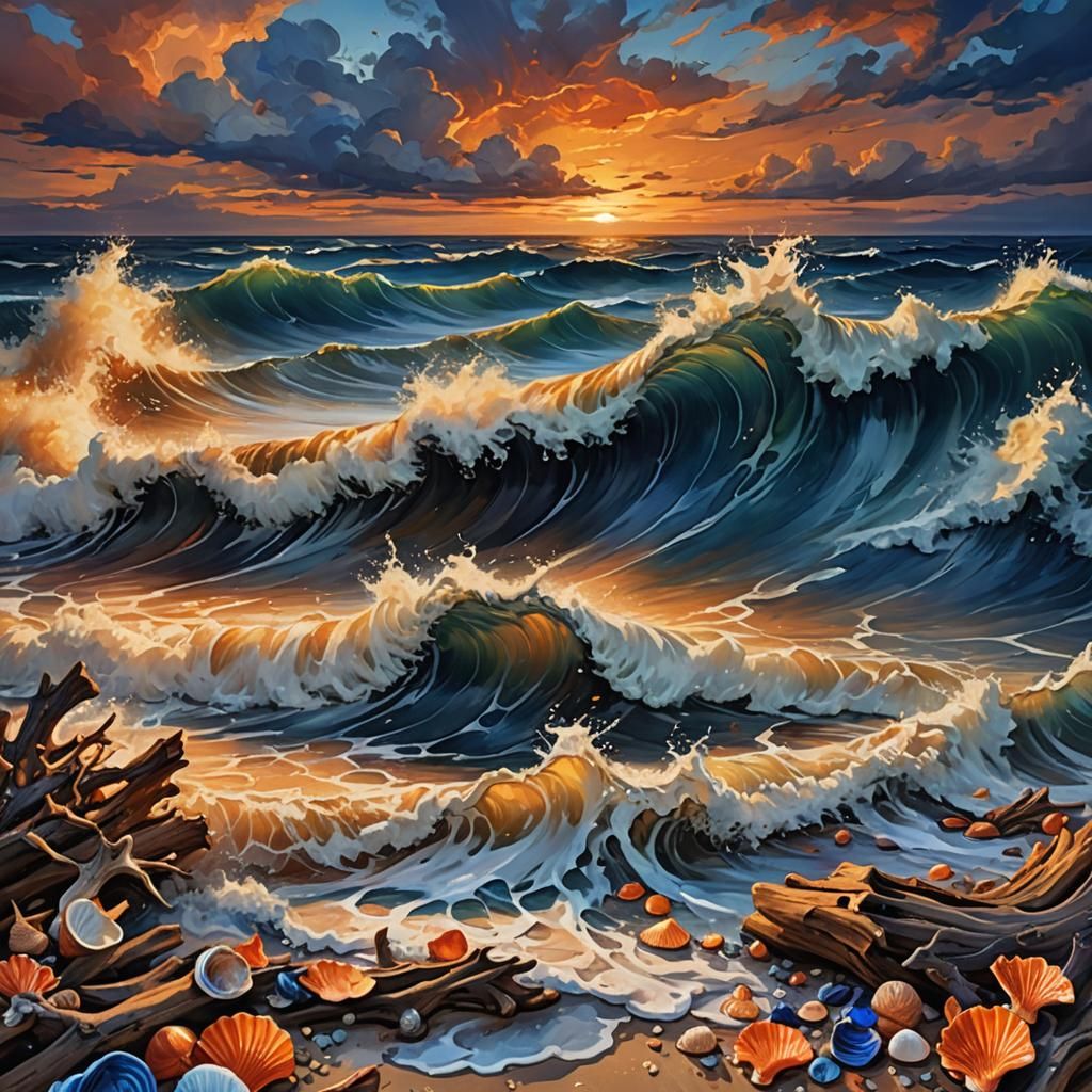 Turbulent Sunset Sea in Detailed Fantasy Concept Art