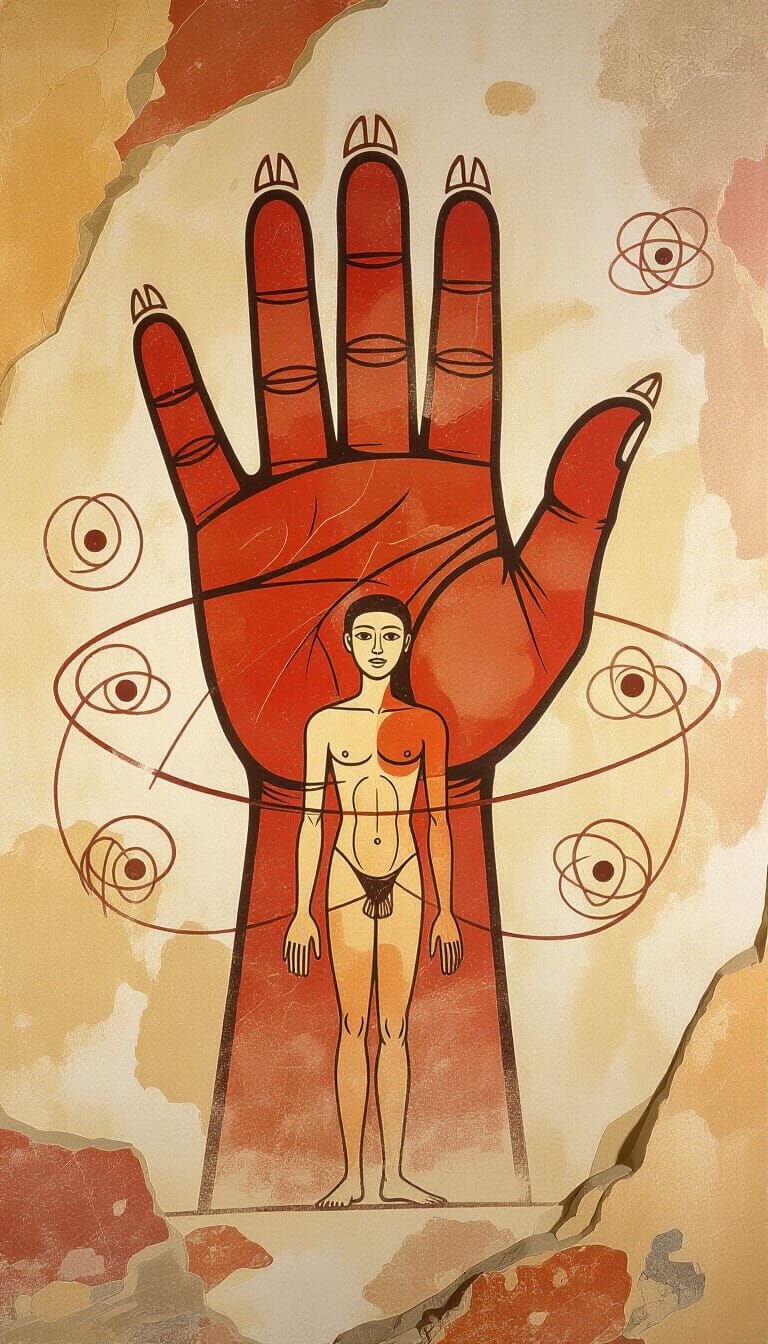 Cave Art: Hand Grasping Figure with Energy Rings