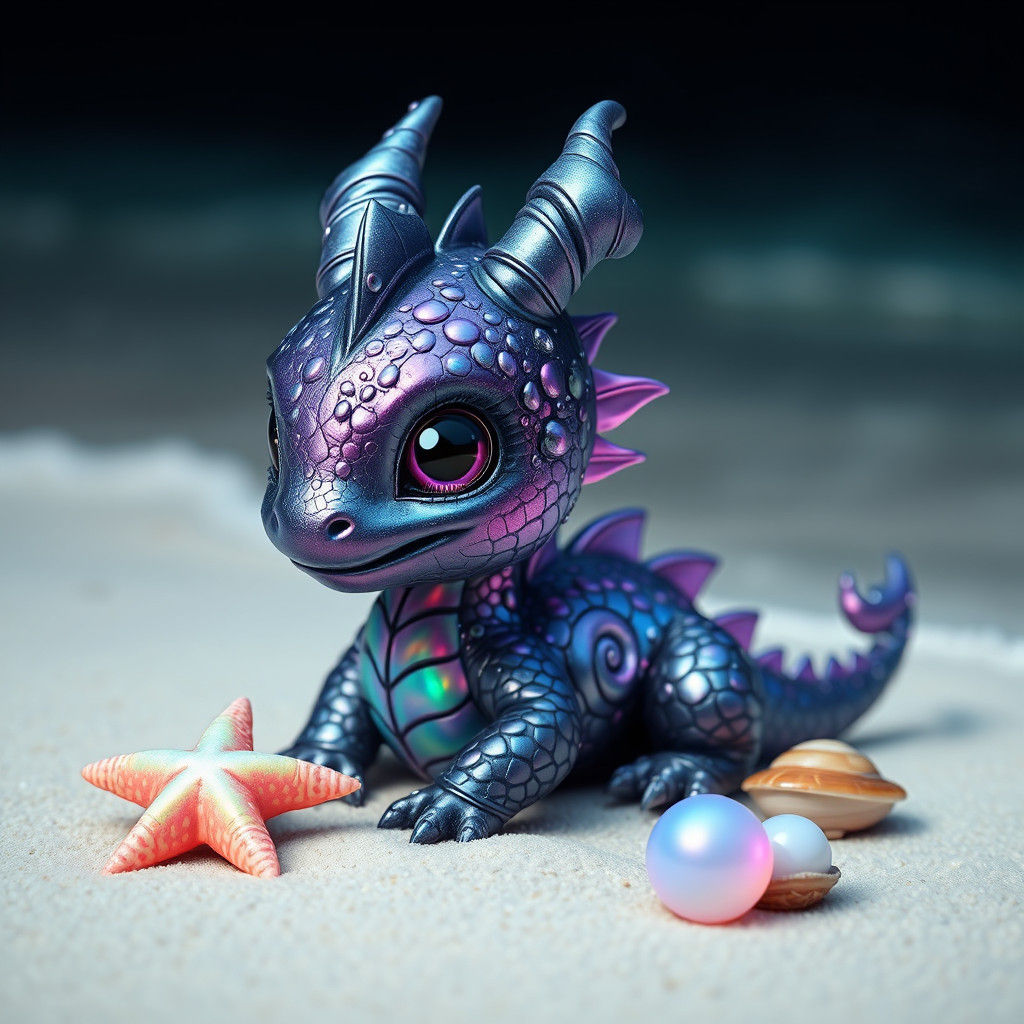 Iridescent Baby Dragon on White Sand Shore