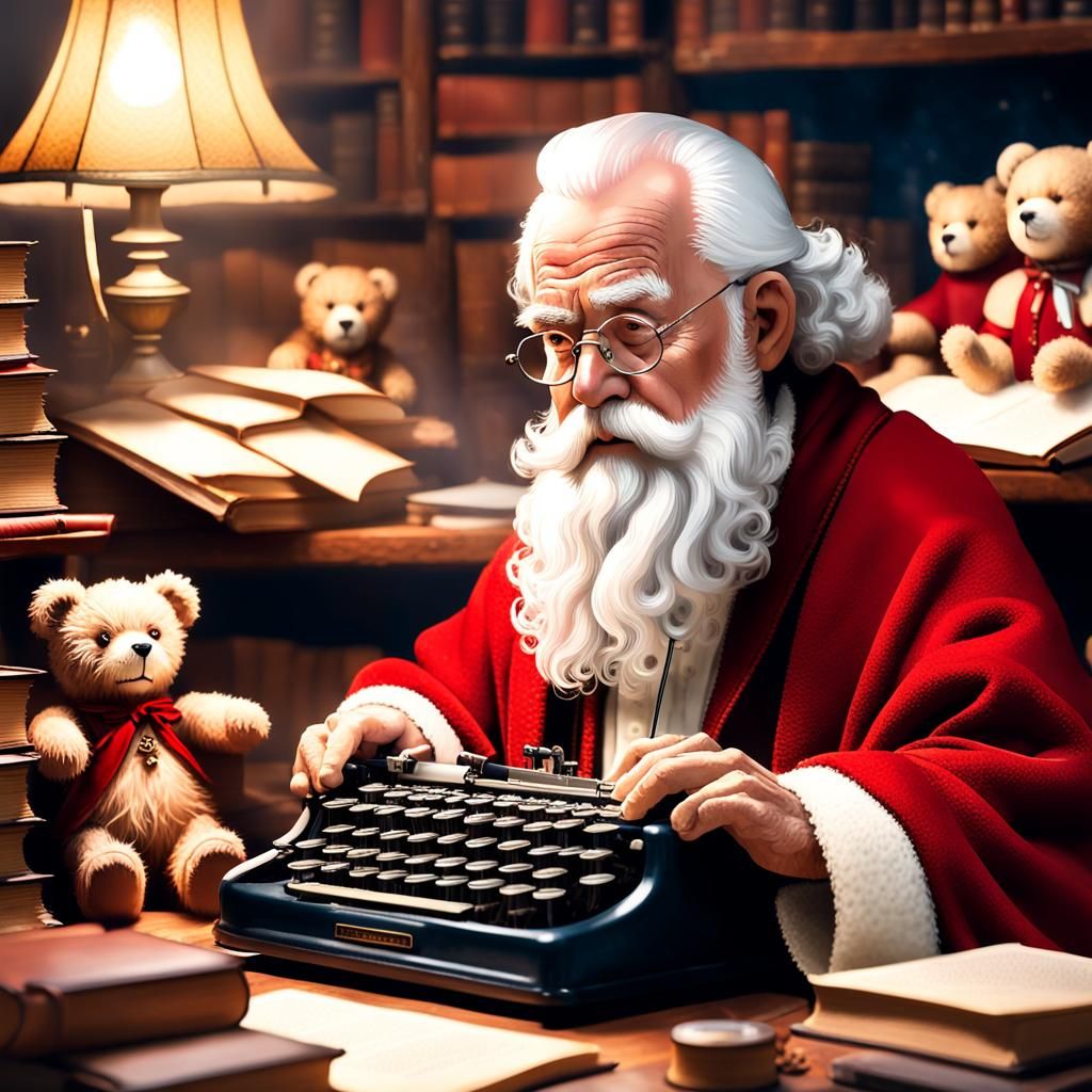 Santa Claus Working at Typewriter in Kinkade Style