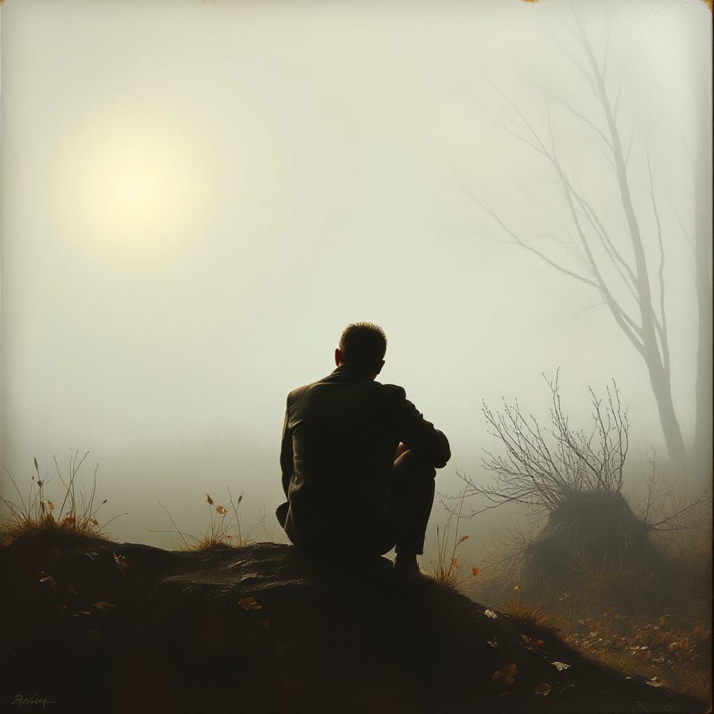 Solitary Figure Contemplating Autumn Morning Mist