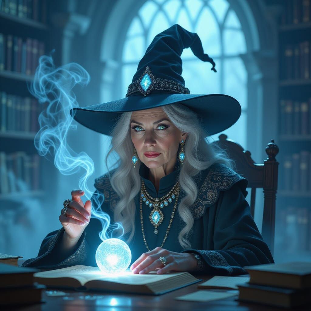 Mystical Witch with Crystal Brain in Ethereal Library