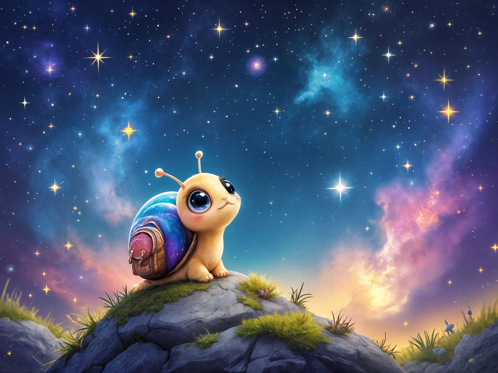 Cartoon Snail Gazes at Starry Galaxy Sky