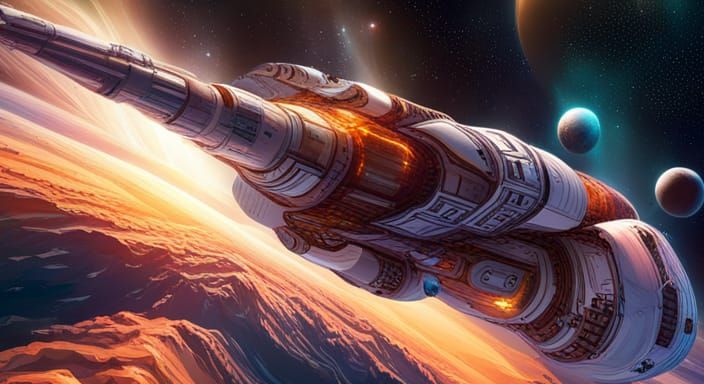 Spaceship Voyage to Distant Planet: Detailed 8K Art