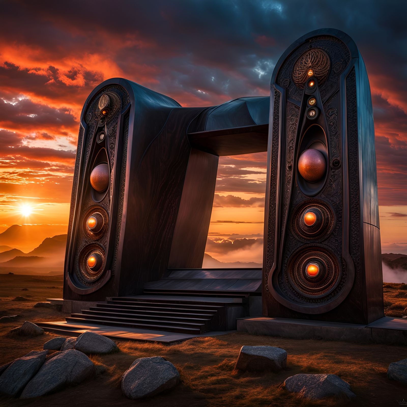 Futuristic Loudspeaker Menhir at Sunset: Psychedelic Art
