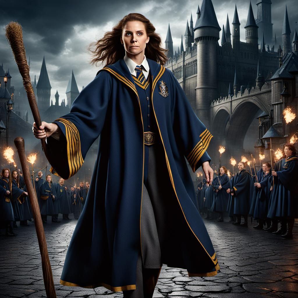 Woman in Ravenclaw Robes Flies on Broomstick