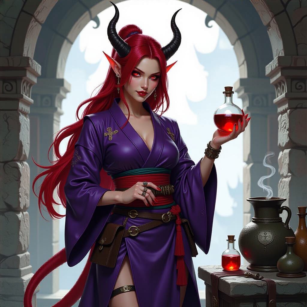 Tiefling Alchemist Mixes Concoctions in Fantasy Laboratory
