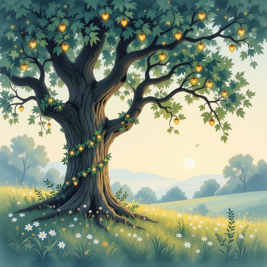 Ancient Oak Tree With Glowing Acorns in Misty Meadow