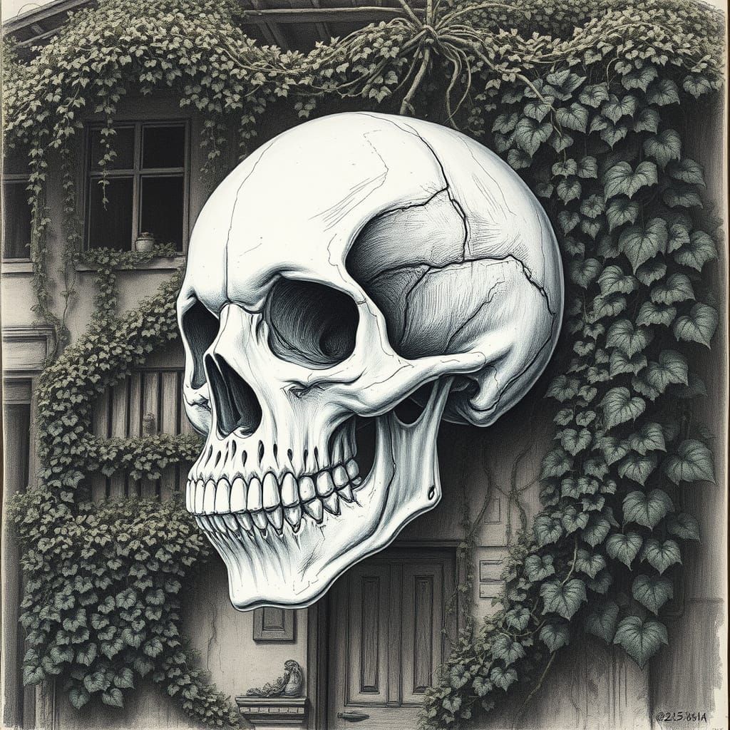 Woven Skull Charcoal Drawing on Eco-Building