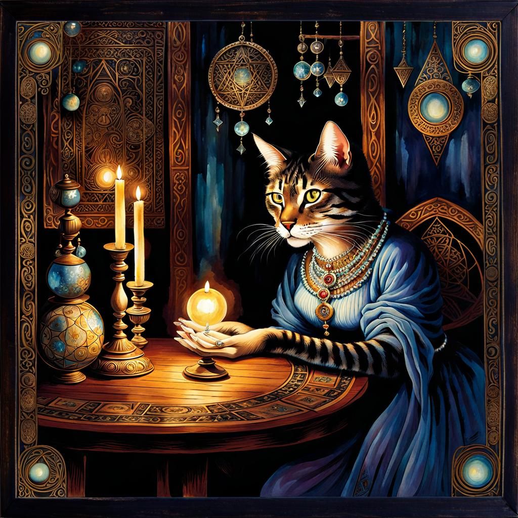 Mystical Steampunk Cat Reading Tarot Cards