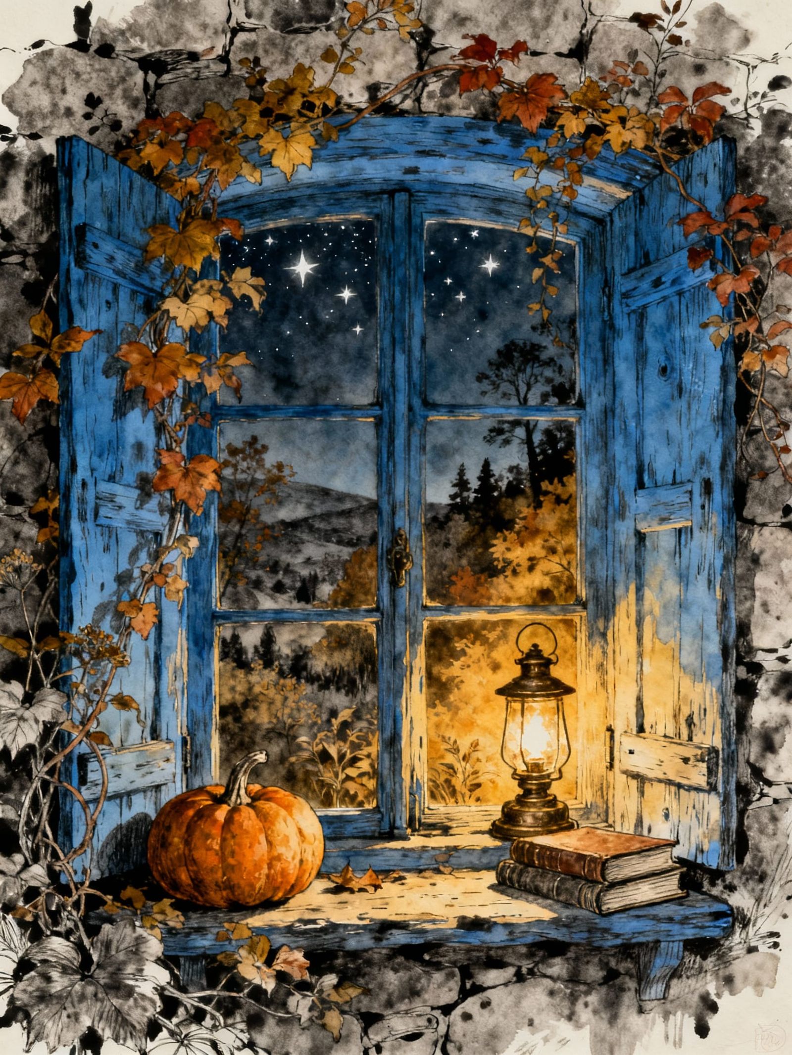 Cozy Autumn Night Through Rustic Window