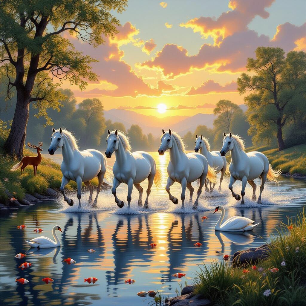Majestic White Horses Gallop Through River at Sunrise Fantas...