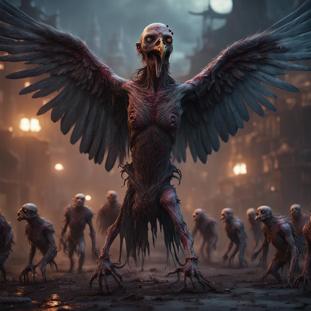 Humanoid Bird Zombies in Detailed Matte Painting