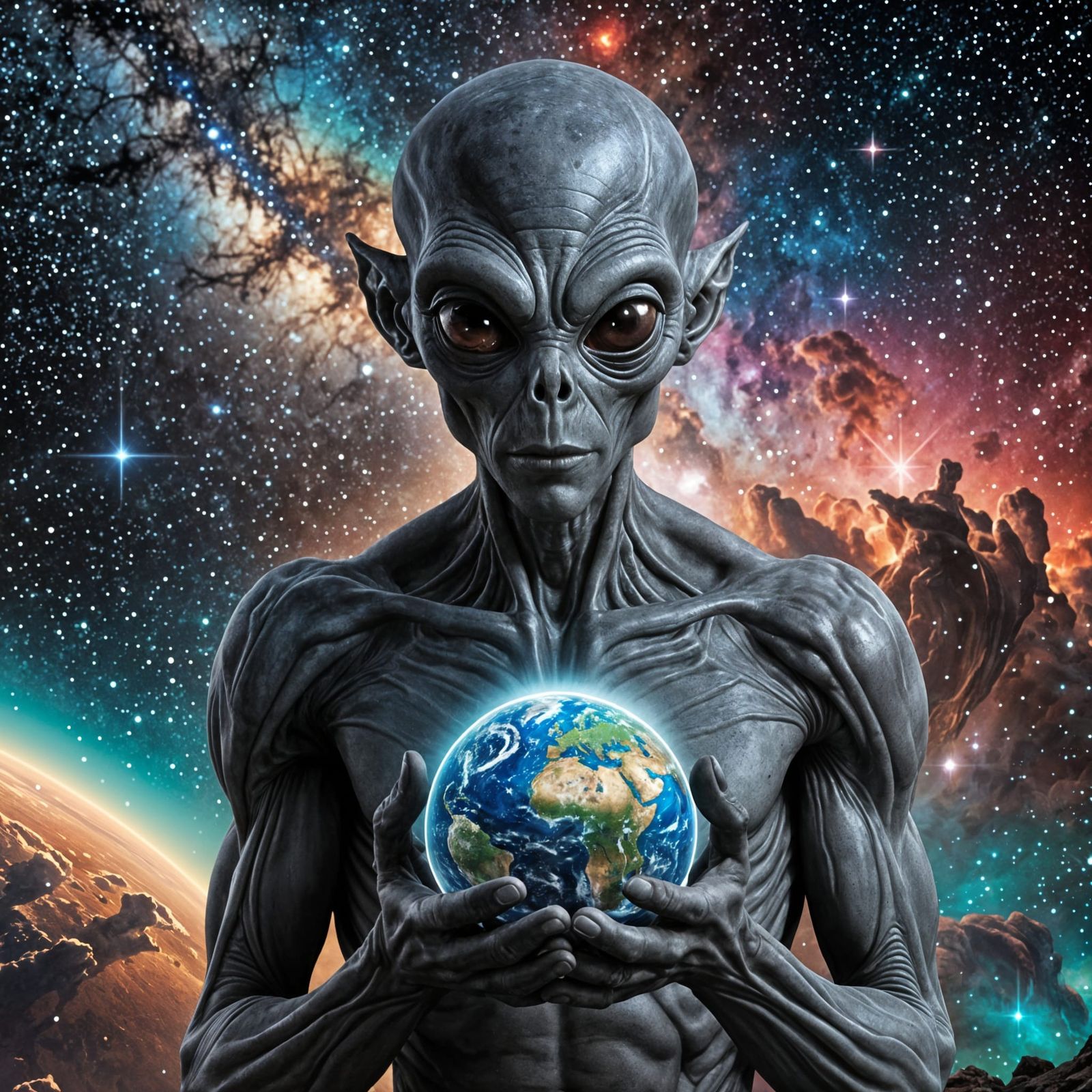 Alien Cradles Earth in Cosmic Dreamscape