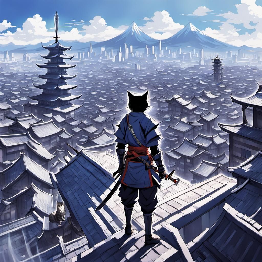 Futuristic Samurai Cityscape with Cats in Anime Style