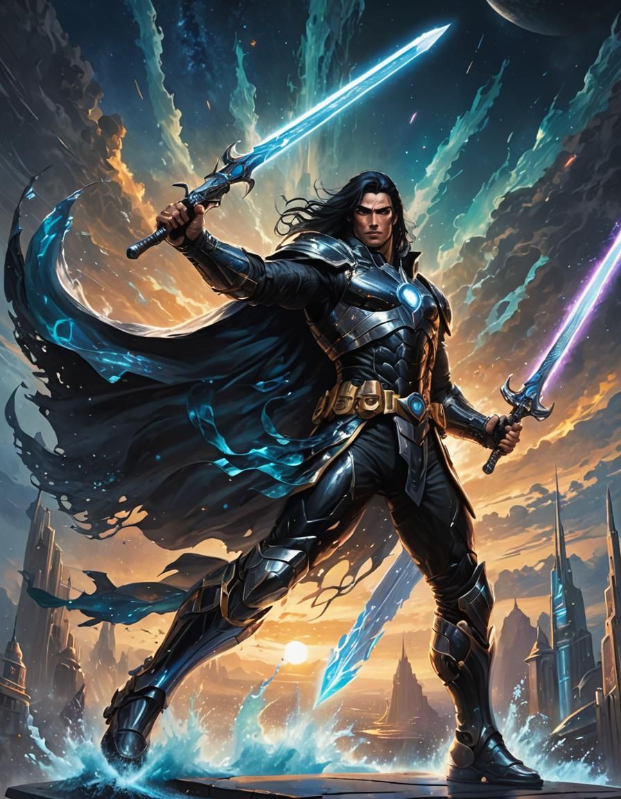 Muscular Warrior with Plasma Swords in Cosmic Setting
