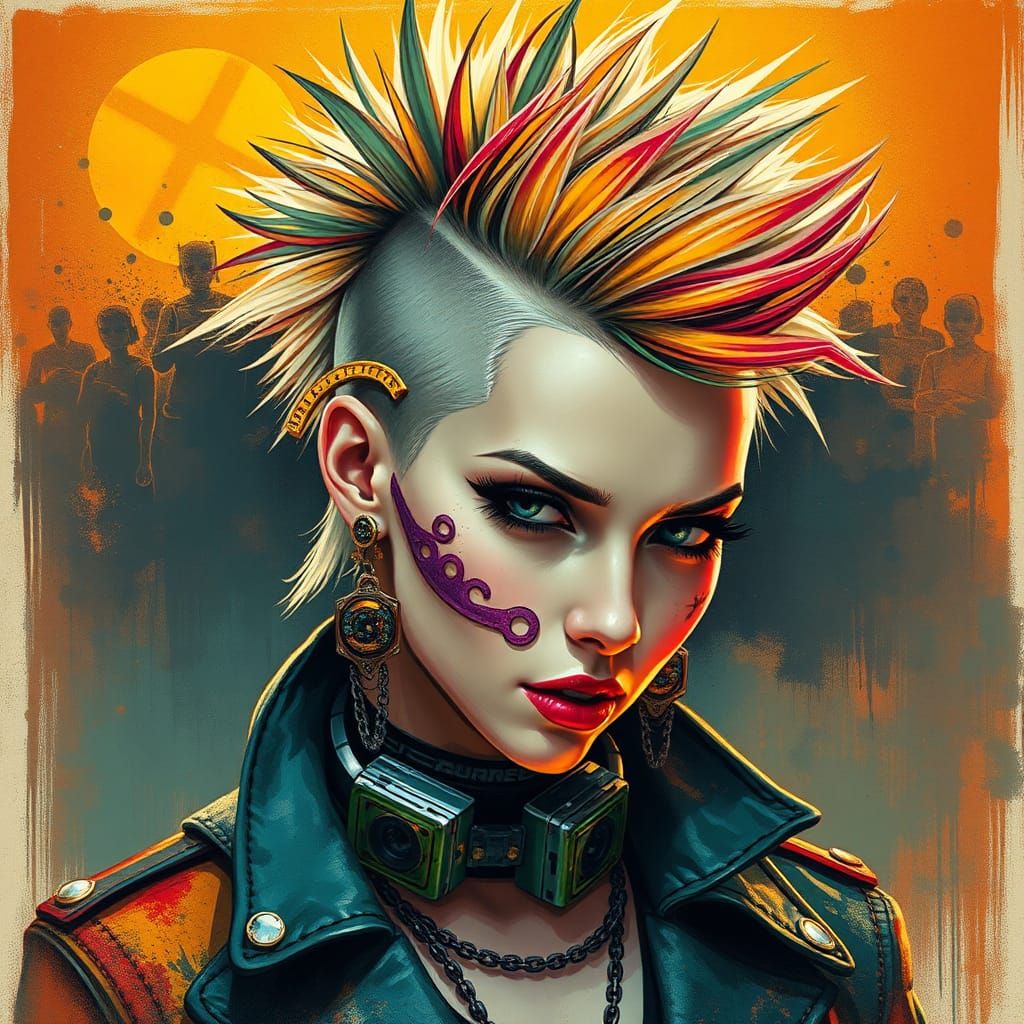 a beautiful Punk rock woman With a Faded colorful fauxhawk wearing intricately detailed colorful Avant Guarde dieselpunk...