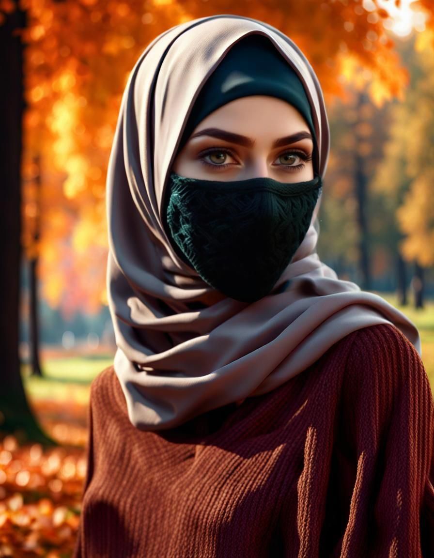 Stunning Hijabi Girl in Autumn Park: Digital Art