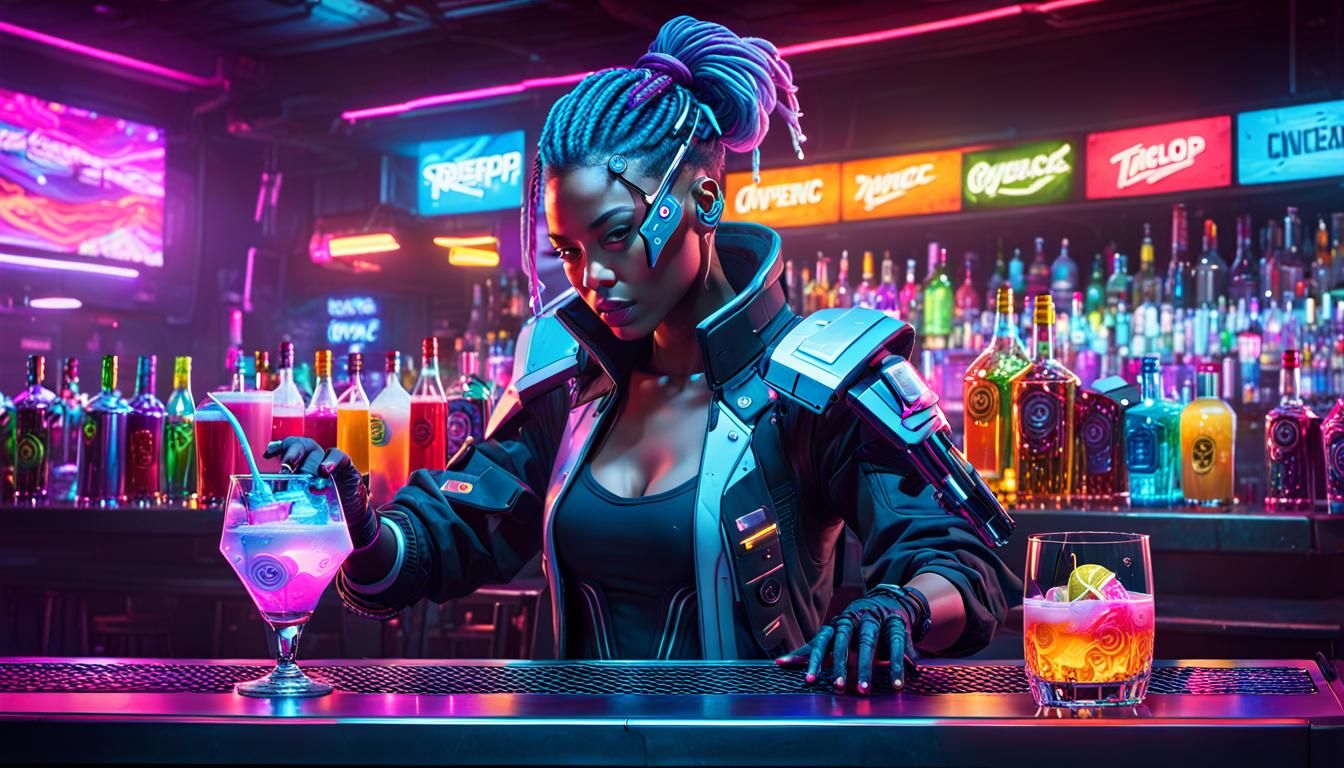 Cyborg Bartender in Cyberpunk Bar, Detailed Concept Art