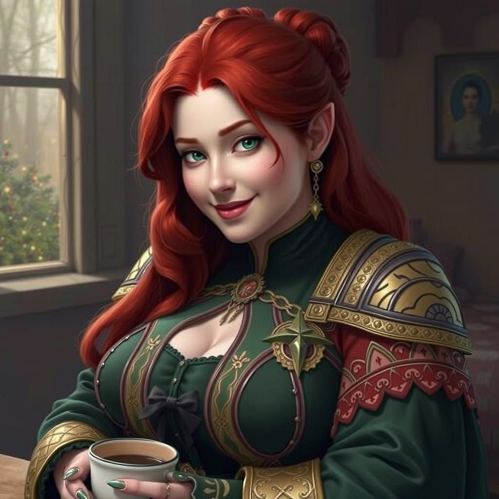 Christmas Cheer: Plump Woman in Santa Dress with Elf Ears an...