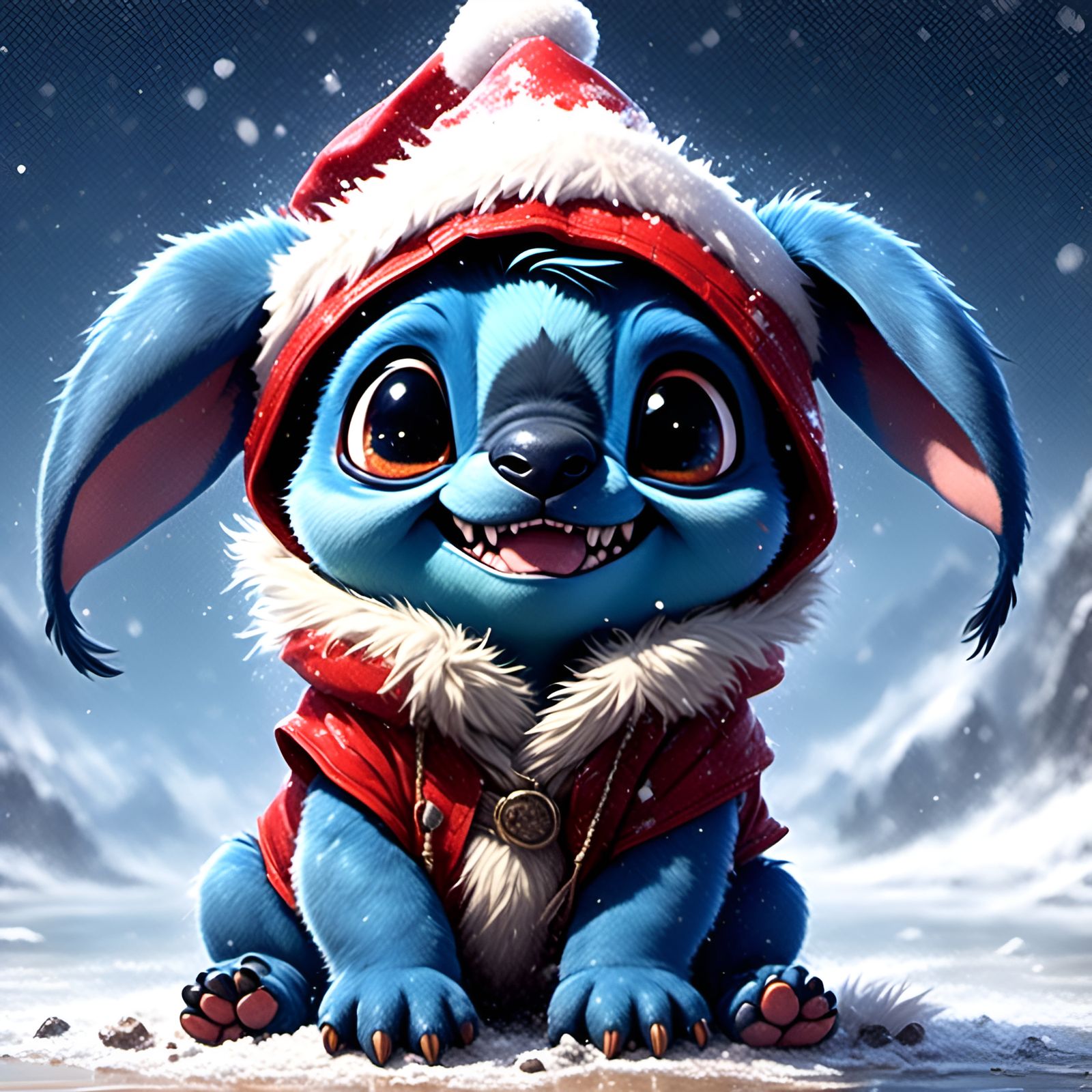 Stitch in Santa Hat on Snowy Beach