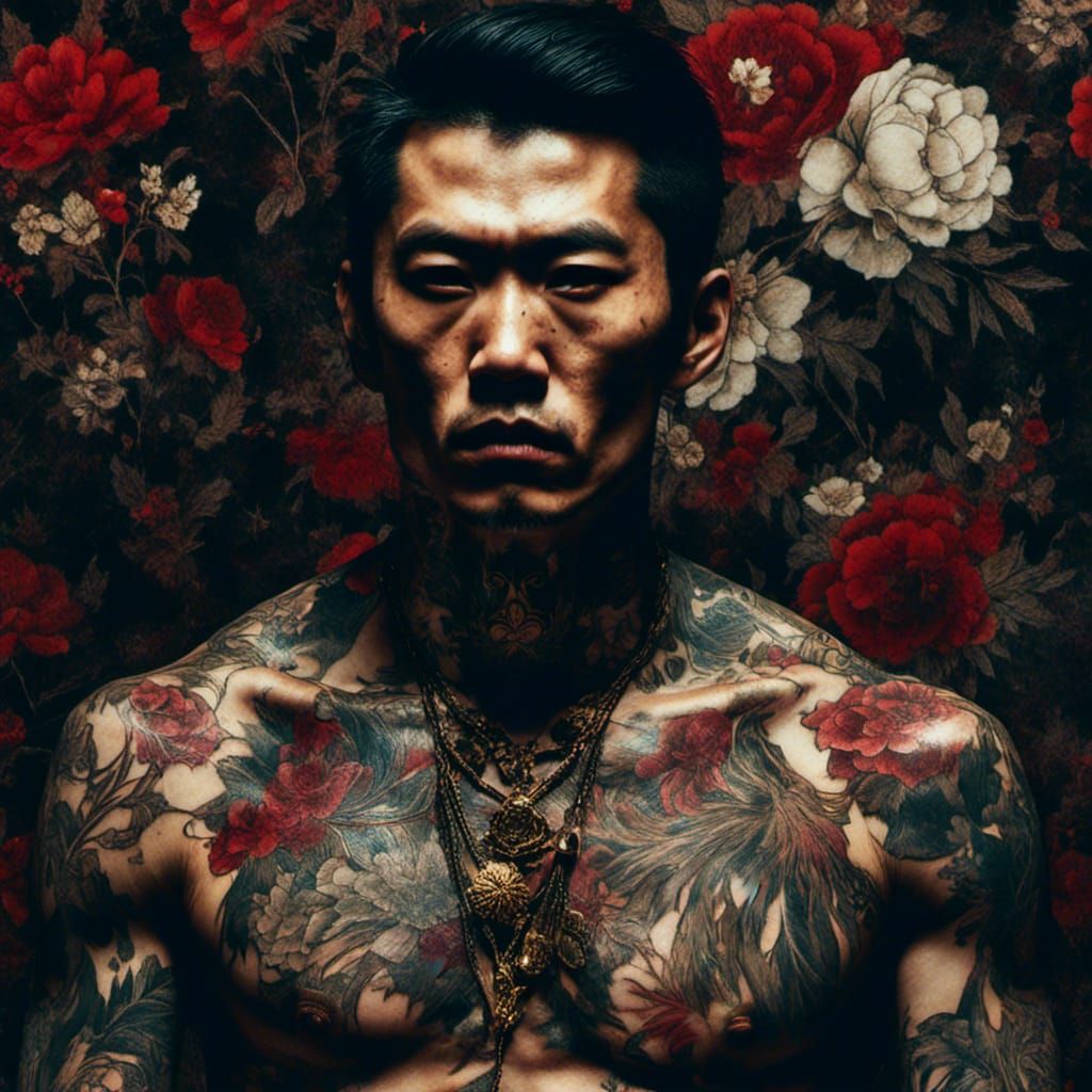 Bold Red Yakuza Portrait with Floral Transparency