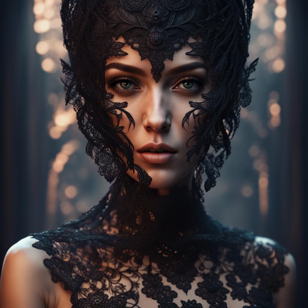 Woman's Face Covered by Black Lace, Detailed Art