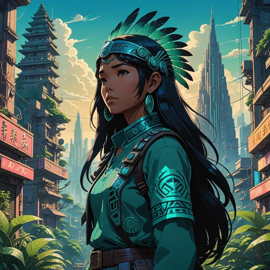 Futuristic Aztec Goddess in Neon Cityscape