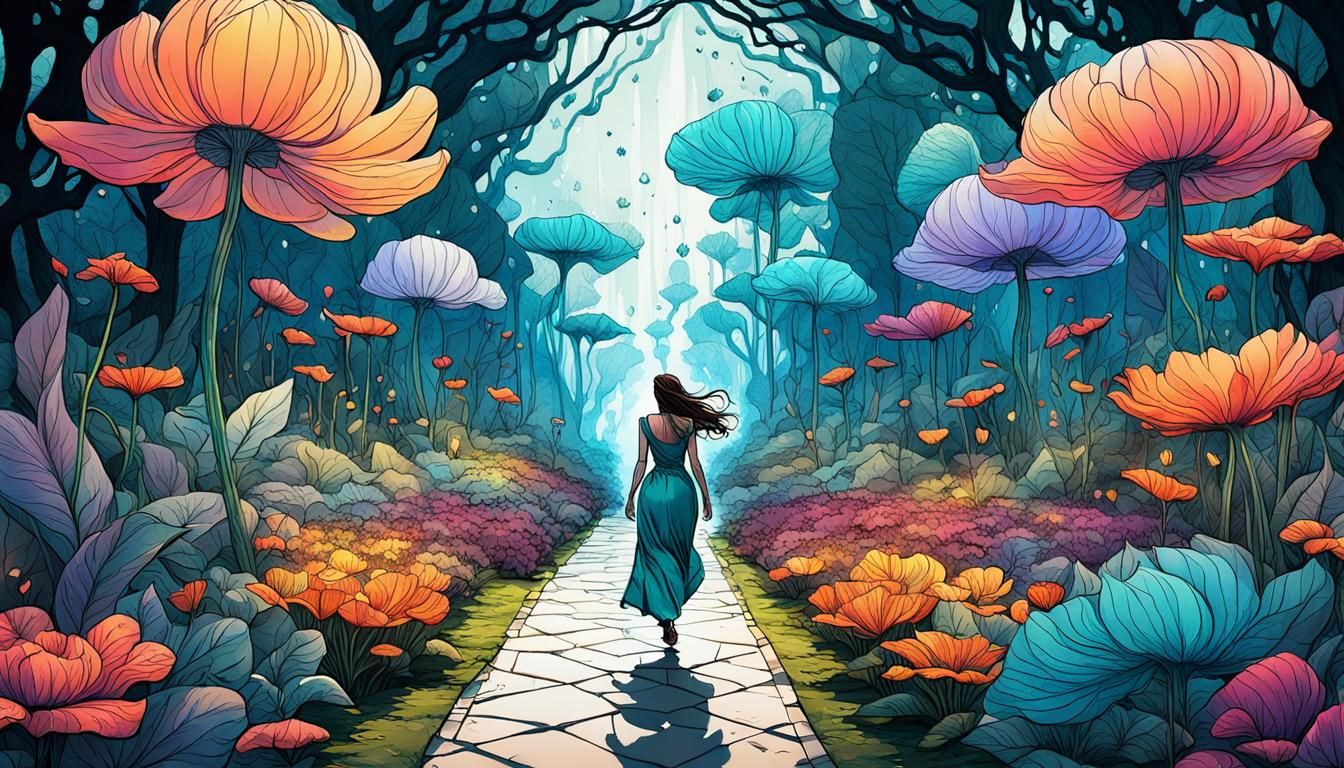 Enchanting Ink Garden: Woman Amidst Giant Flowers