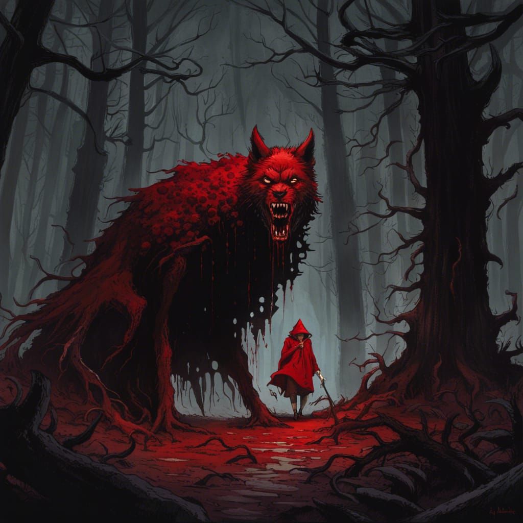 Sinister Wolf in Red Riding Hood, Horror Art